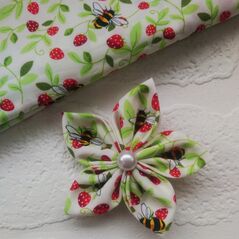 Handmade flower clip, bobble or brooch made with bee and strawberries fabric