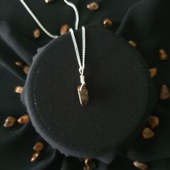 Small tigers eye polished crystal on a dainty silver chain, bound using a simple silver wire wrap