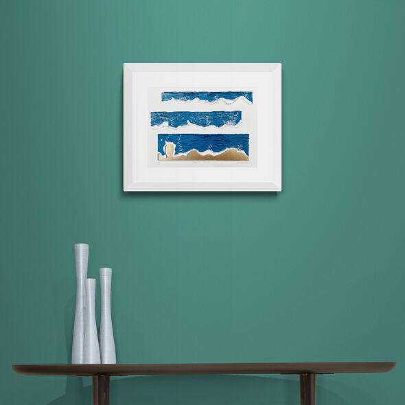 Blue White Gold and Teal Waves Print in Framed in White on a Blue Wall Above Dark Shelf and Vase Set