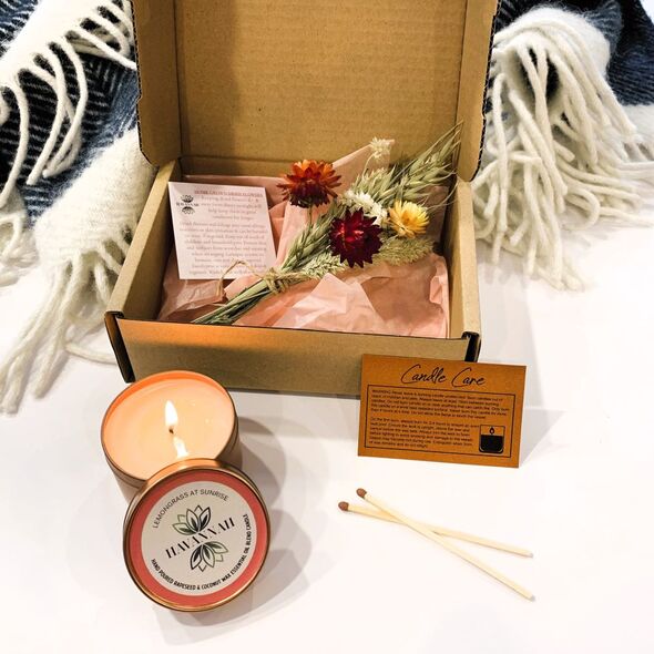 Lemongrass at sunrise essential oil blend candle gift box with home grown dried flowers